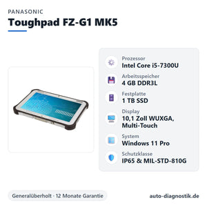 Panasonic Toughpad FZ-G1 MK5 mit Übersicht der wichtigsten technischen Daten