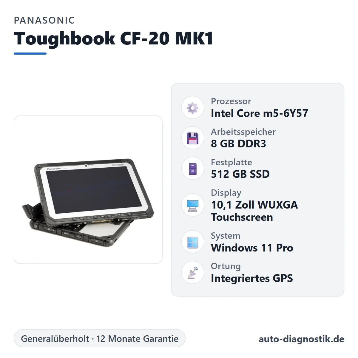 Panasonic Toughbook CF-20 MK1 mit Übersicht der wichtigsten technischen Daten