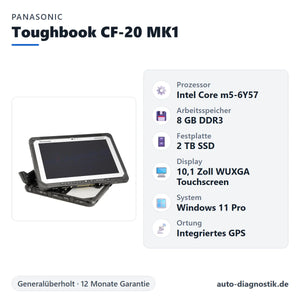 Panasonic Toughbook CF-20 MK1 mit Übersicht der wichtigsten technischen Daten
