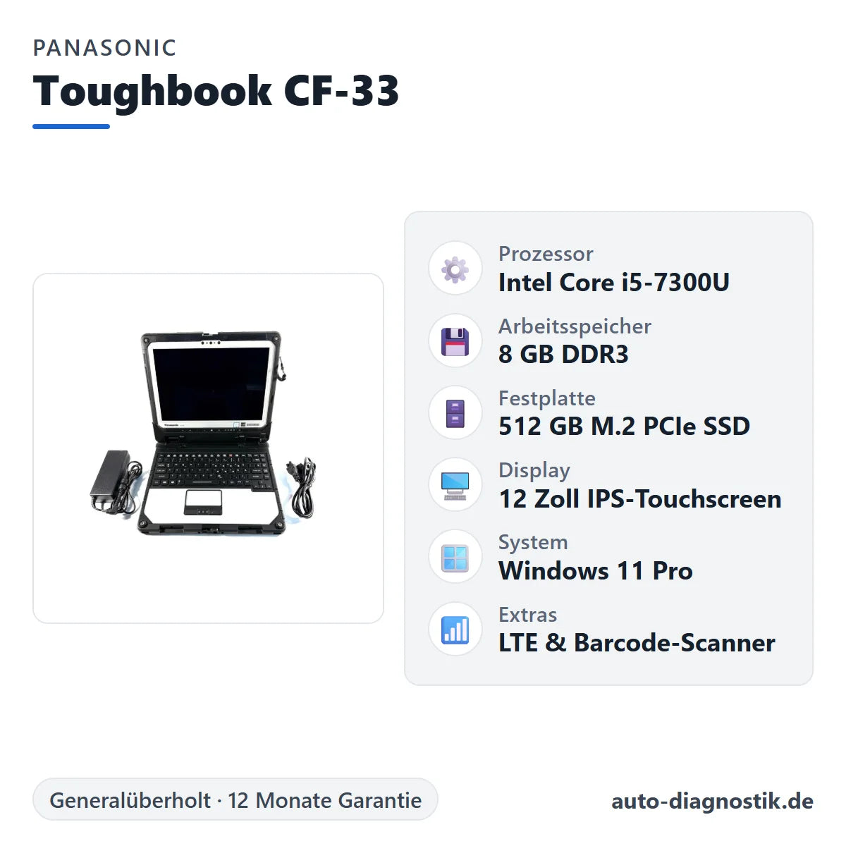 Panasonic Toughbook CF-33 mit Übersicht der wichtigsten technischen Daten