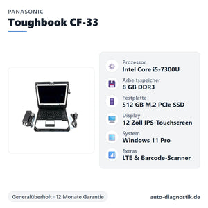 Panasonic Toughbook CF-33 mit Übersicht der wichtigsten technischen Daten