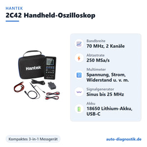 Hantek 2C42 Handheld-Oszilloskop mit Übersicht der wichtigsten Funktionen