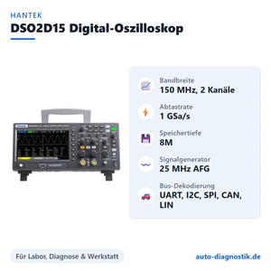 Hantek DSO2D15 Digital-Oszilloskop mit Übersicht der wichtigsten Funktionen