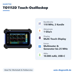 Hantek TO1112D Touch-Oszilloskop mit Übersicht der wichtigsten Funktionen