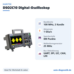 Hantek DSO2C10 Digital-Oszilloskop mit Übersicht der wichtigsten Funktionen