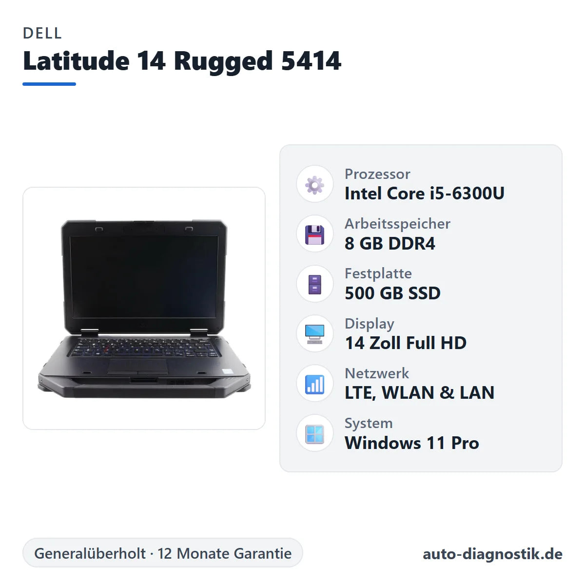 Dell Latitude 14 Rugged 5414 mit Übersicht der wichtigsten technischen Daten