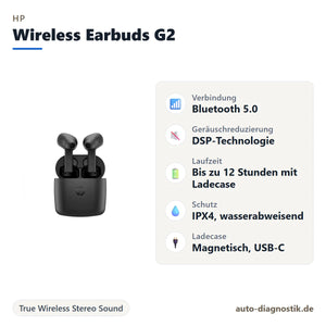 HP Wireless Earbuds G2 169H9AA mit Übersicht der wichtigsten Eigenschaften