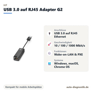 HP USB 3.0 auf Gigabit RJ45 Netzwerkadapter G2 mit Übersicht der wichtigsten Eigenschaften