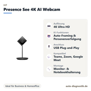 HP Presence See 4K AI Webcam mit Übersicht der wichtigsten Eigenschaften