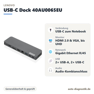 Lenovo USB-C Dockingstation 40AU0065EU mit Übersicht der wichtigsten Anschlüsse