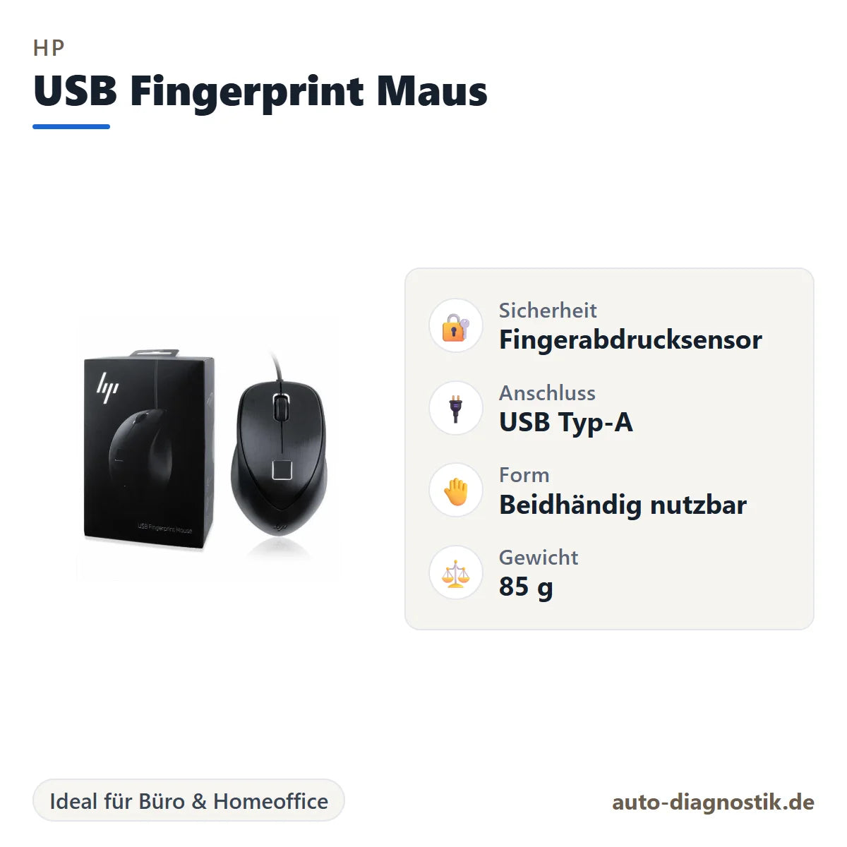 HP USB Fingerprint Maus mit Übersicht der wichtigsten Eigenschaften