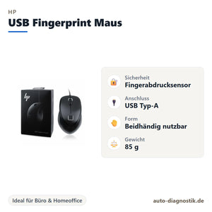 HP USB Fingerprint Maus mit Übersicht der wichtigsten Eigenschaften