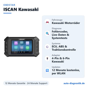 OBDSTAR ISCAN Kawasaki Motorrad-Diagnosegerät mit Übersicht der wichtigsten Funktionen