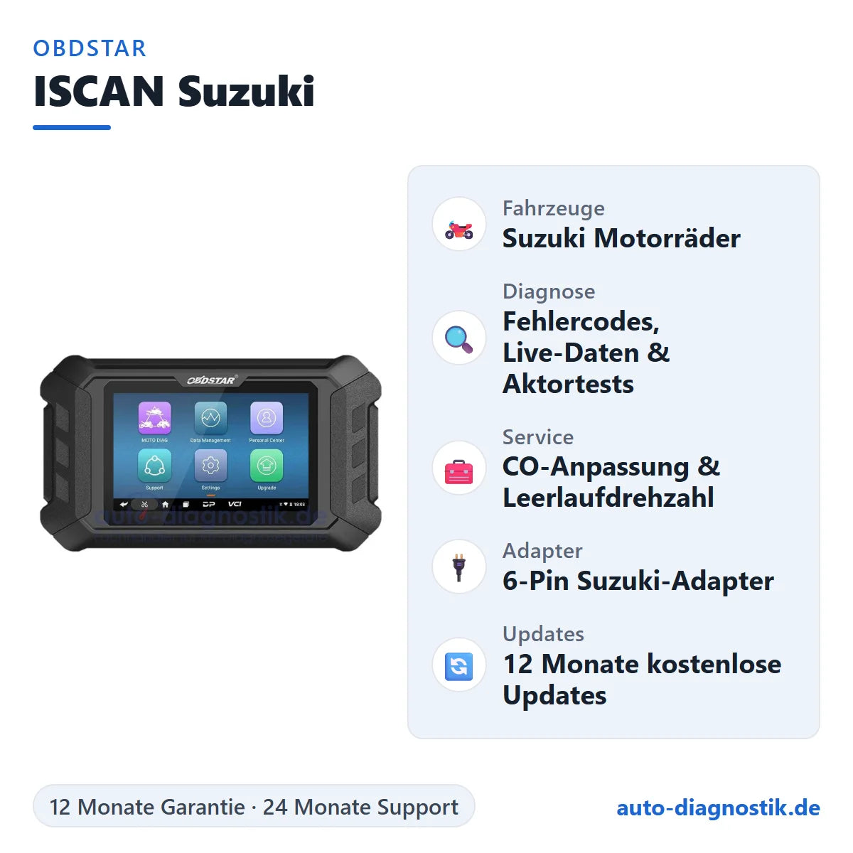 OBDSTAR ISCAN Suzuki Motorrad-Diagnosegerät mit Übersicht der wichtigsten Funktionen