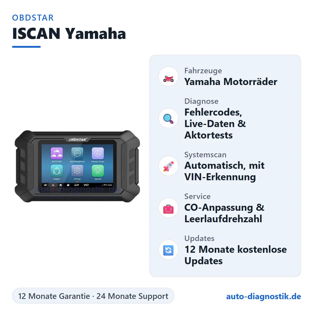 OBDSTAR ISCAN Yamaha Motorrad-Diagnosegerät mit Übersicht der wichtigsten Funktionen