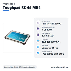 Panasonic Toughpad FZ-G1 MK4 mit Übersicht der wichtigsten technischen Daten