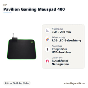 HP Pavilion Gaming Mauspad 400 mit Übersicht der wichtigsten Eigenschaften