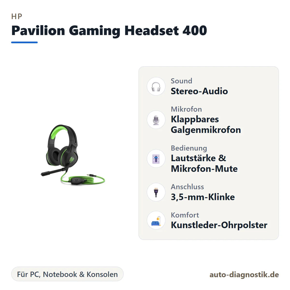 HP Pavilion Gaming Headset 400 mit Übersicht der wichtigsten Eigenschaften