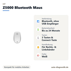 HP Z5000 Bluetooth Maus mit Übersicht der wichtigsten Eigenschaften