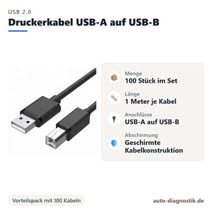 USB-Druckerkabel USB-A auf USB-B im 100er-Set mit Übersicht der wichtigsten Eigenschaften