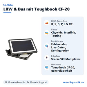 Scania LKW- und Bus-Diagnosegerät mit Panasonic Toughbook CF-20 mit Übersicht der wichtigsten Funktionen