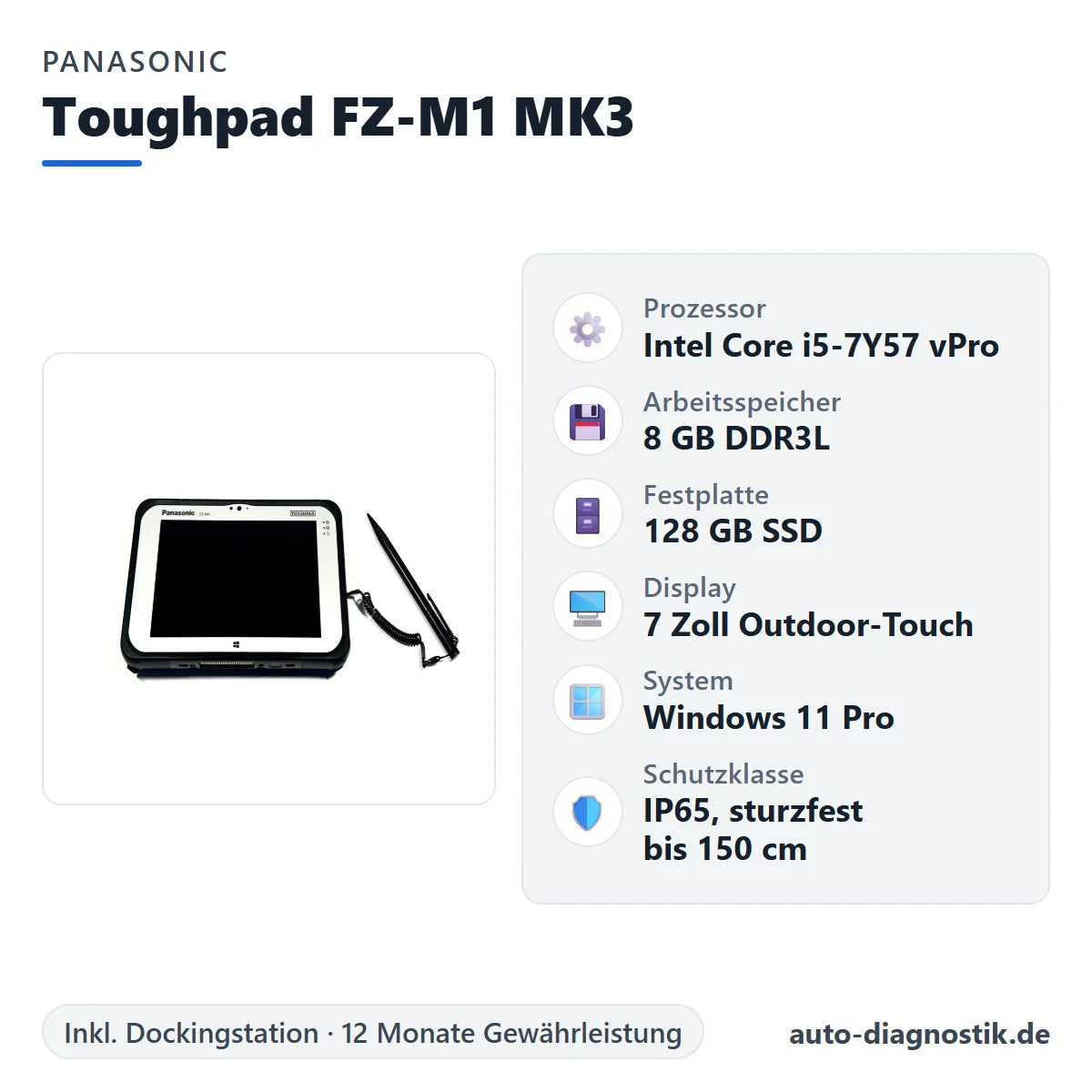 Panasonic Toughpad FZ-M1 MK3 mit Übersicht der wichtigsten technischen Daten