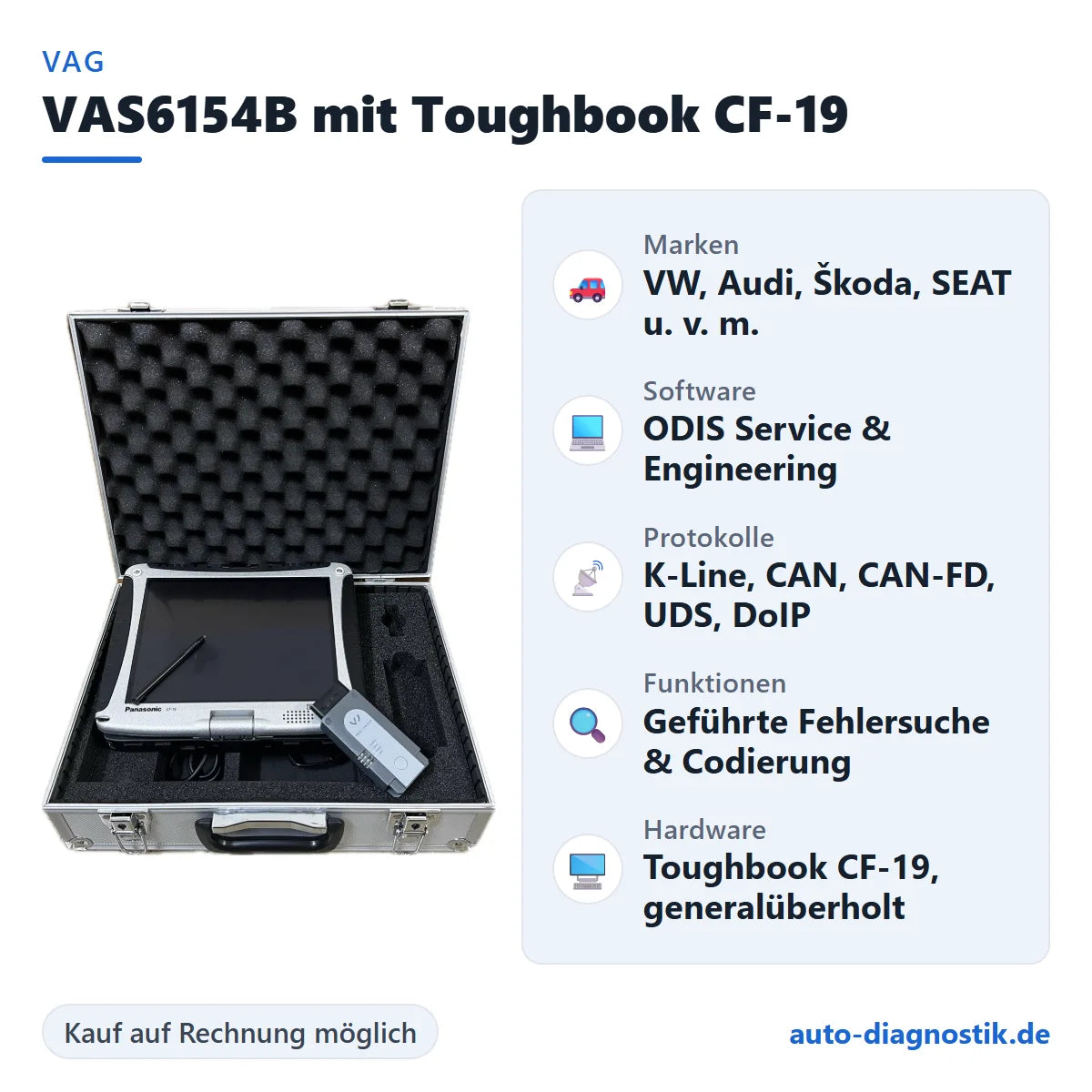 Original VAS6154B Diagnosegerät mit Panasonic Toughbook CF-19 mit Übersicht der wichtigsten Funktionen