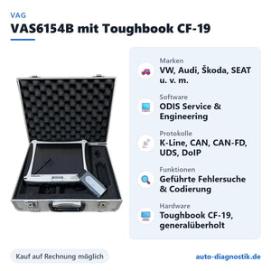 Original VAS6154B Diagnosegerät mit Panasonic Toughbook CF-19 mit Übersicht der wichtigsten Funktionen