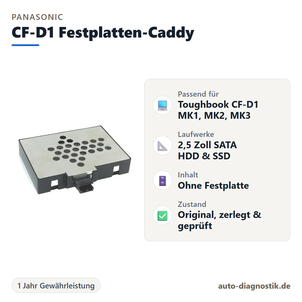 Panasonic Toughbook CF-D1 Festplatten-Caddy mit Übersicht der wichtigsten Eigenschaften