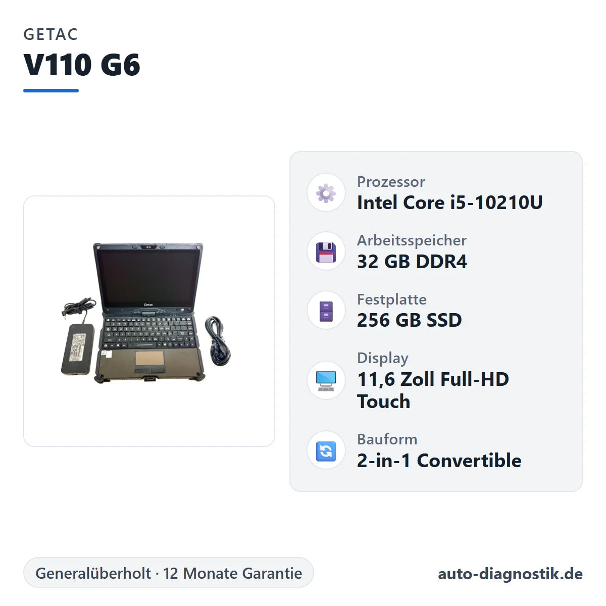 Getac V110 G6 mit Übersicht der wichtigsten technischen Daten