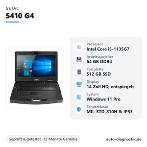Getac S410 G4 mit Übersicht der wichtigsten technischen Daten