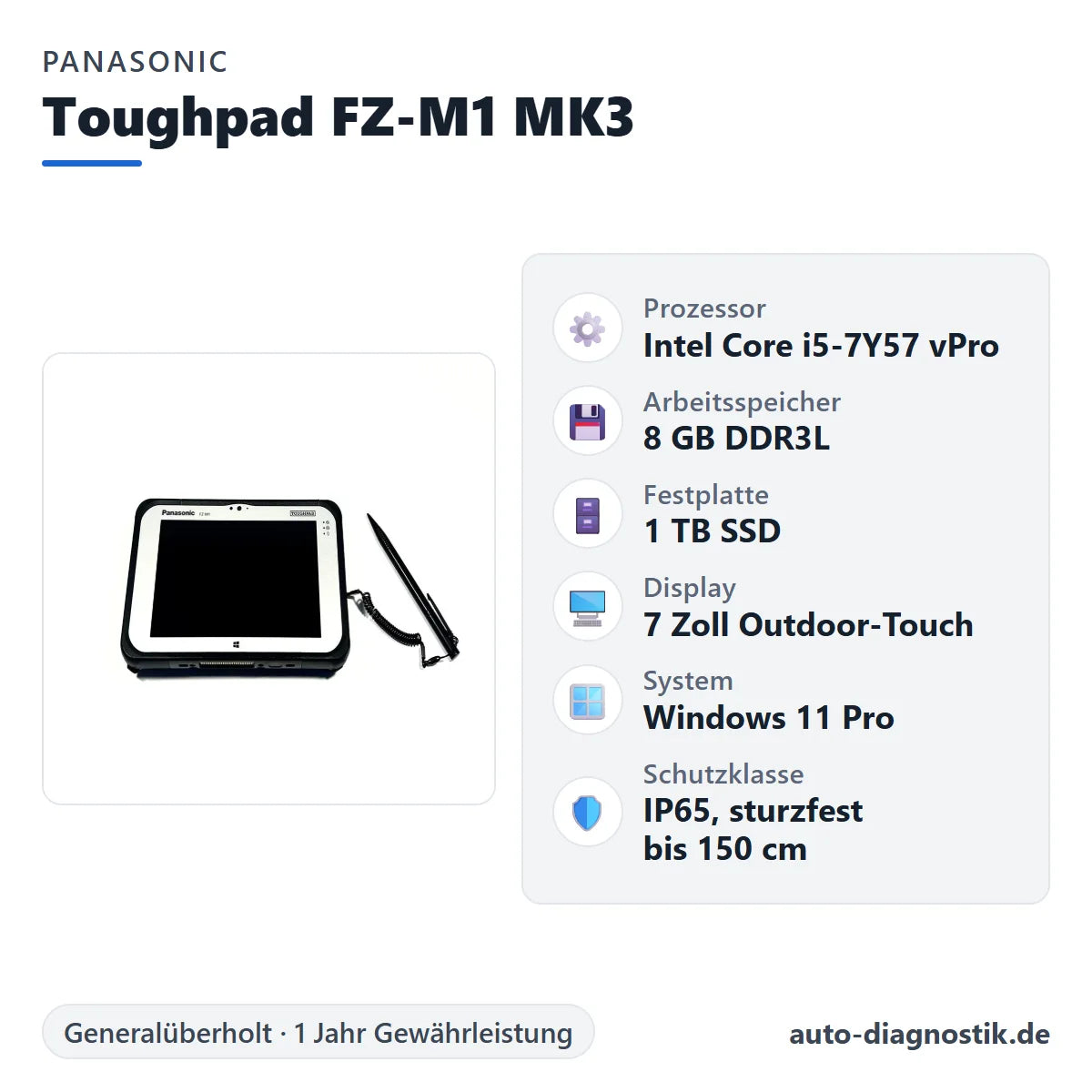 Panasonic Toughpad FZ-M1 MK3 mit Übersicht der wichtigsten technischen Daten