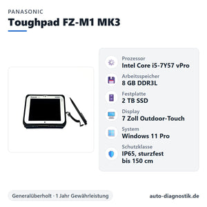 Panasonic Toughpad FZ-M1 MK3 mit Übersicht der wichtigsten technischen Daten