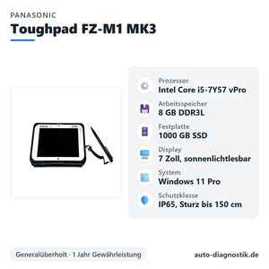 Panasonic Toughpad FZ-M1 MK3 mit Übersicht der wichtigsten technischen Daten