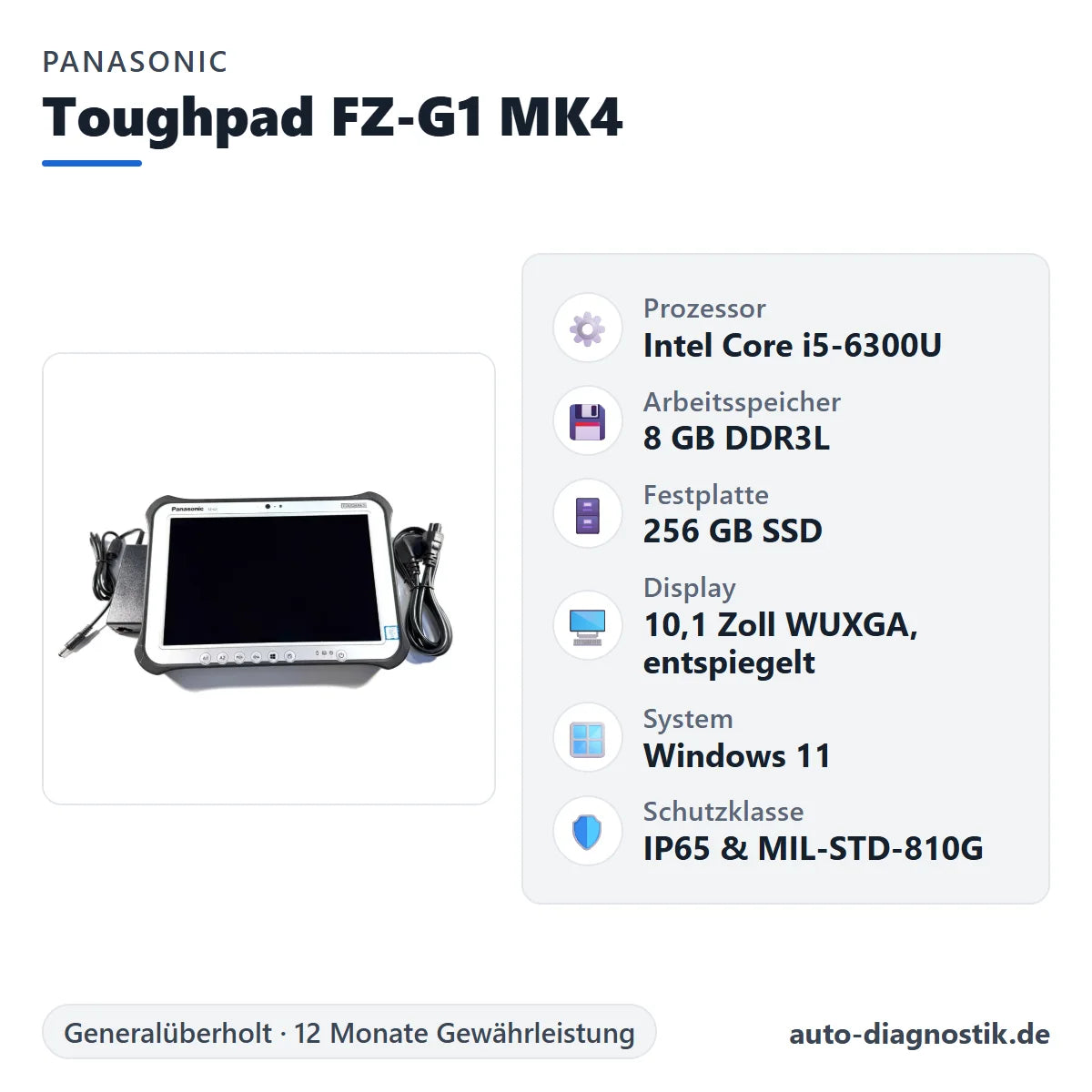 Panasonic Toughpad FZ-G1 MK4 mit Übersicht der wichtigsten technischen Daten
