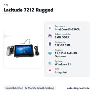 Dell Latitude 7212 Rugged mit Übersicht der wichtigsten technischen Daten