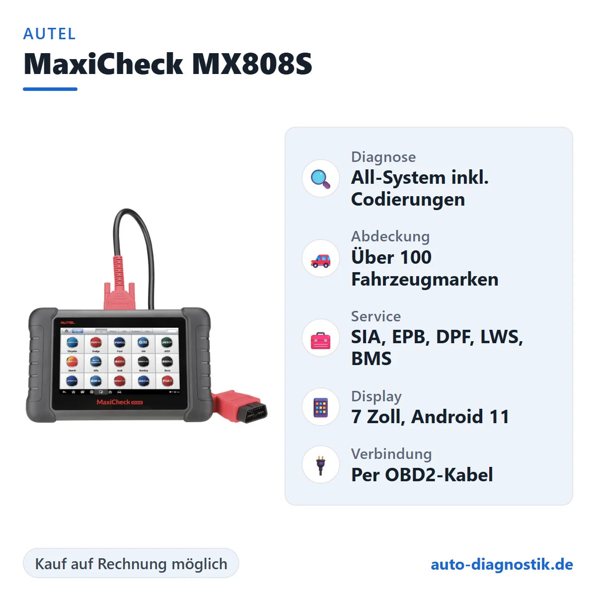 Autel MaxiCheck MX808S mit Übersicht der wichtigsten Funktionen