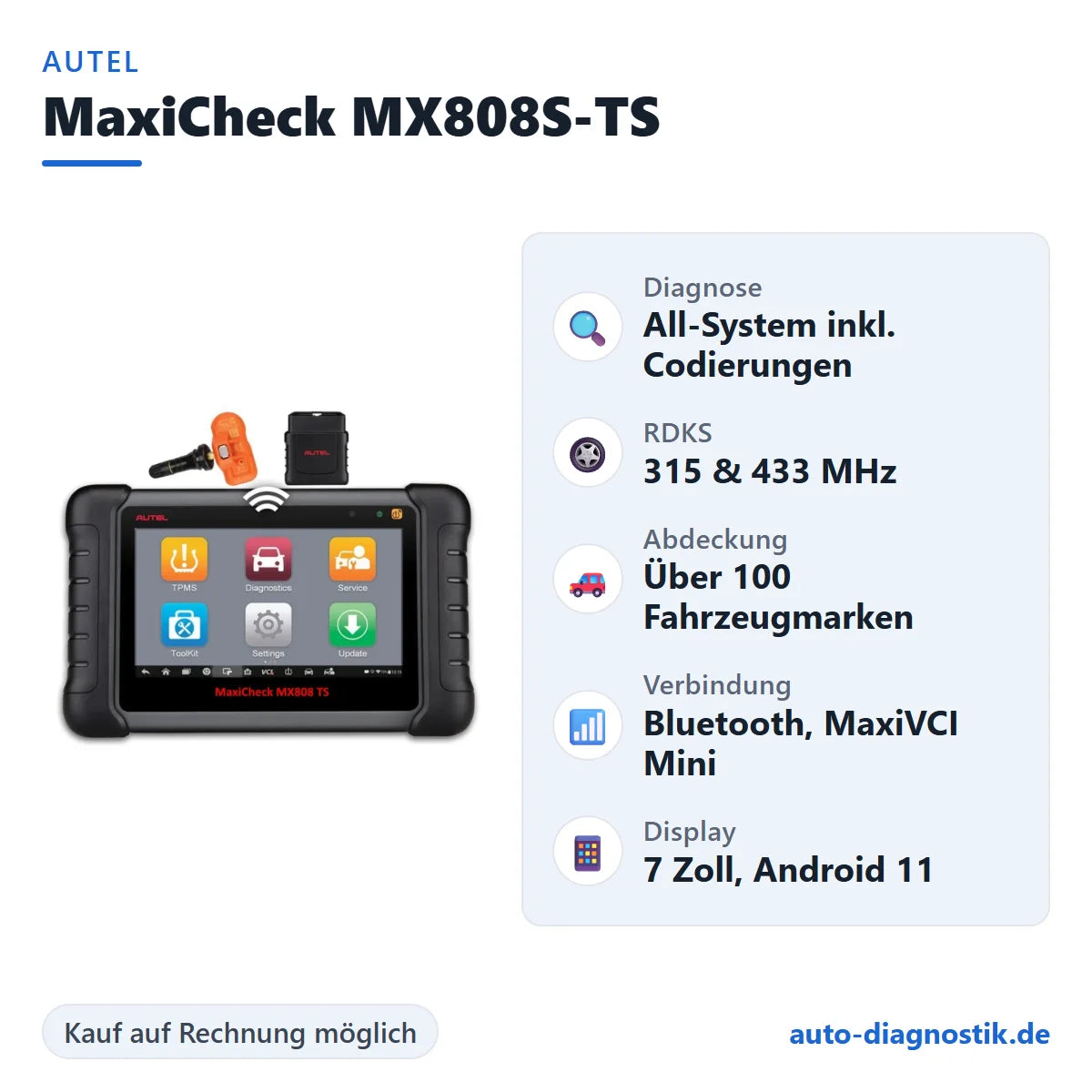 Autel MaxiCheck MX808S-TS mit Übersicht der wichtigsten Funktionen