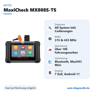 Autel MaxiCheck MX808S-TS mit Übersicht der wichtigsten Funktionen