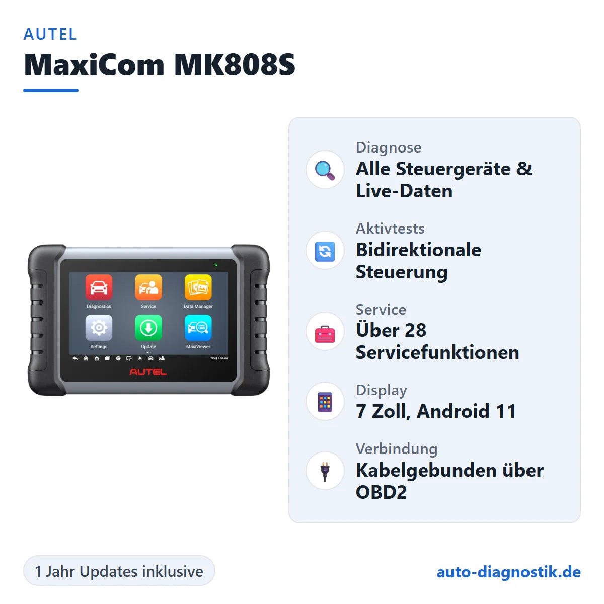 Autel MaxiCom MK808S mit Übersicht der wichtigsten Funktionen