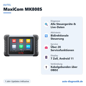 Autel MaxiCom MK808S mit Übersicht der wichtigsten Funktionen