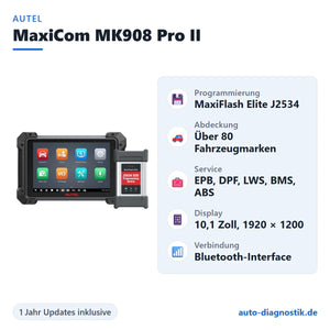 Autel MaxiCom MK908 Pro II mit Übersicht der wichtigsten Funktionen