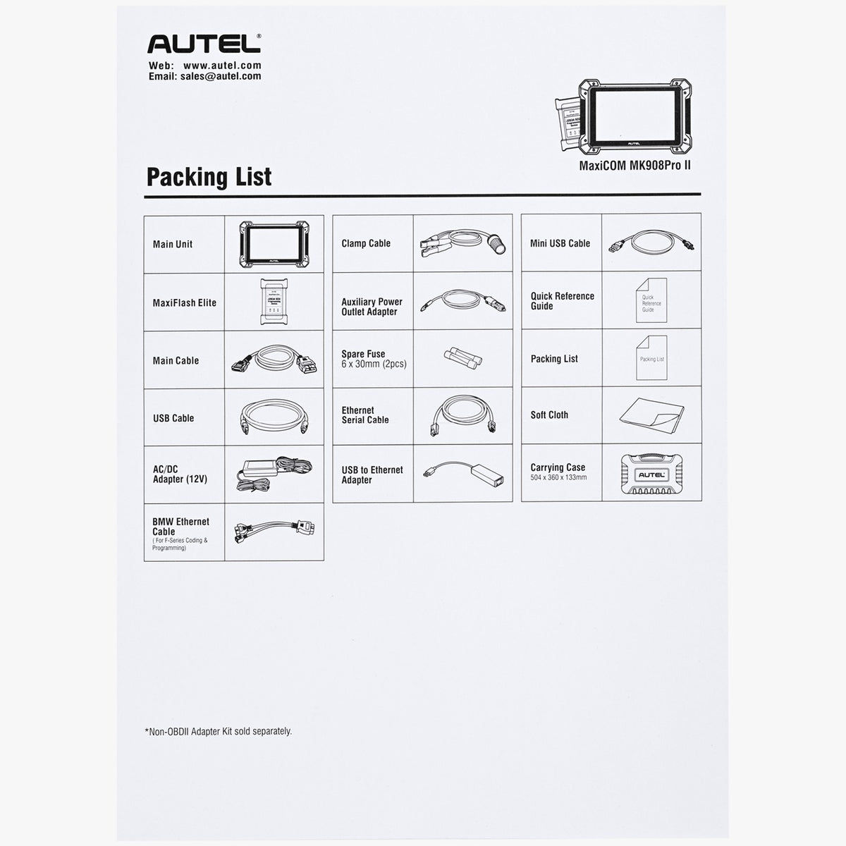 Autel MaxiCom MK908 Pro II Packliste mit allen Teilen des Lieferumfangs