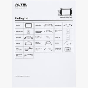 Autel MaxiCom MK908 Pro II Packliste mit allen Teilen des Lieferumfangs