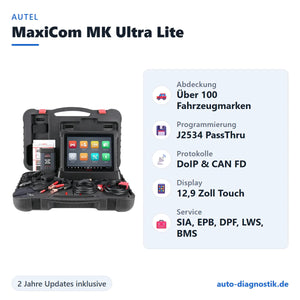 Autel MaxiCom MK Ultra Lite mit Übersicht der wichtigsten Funktionen