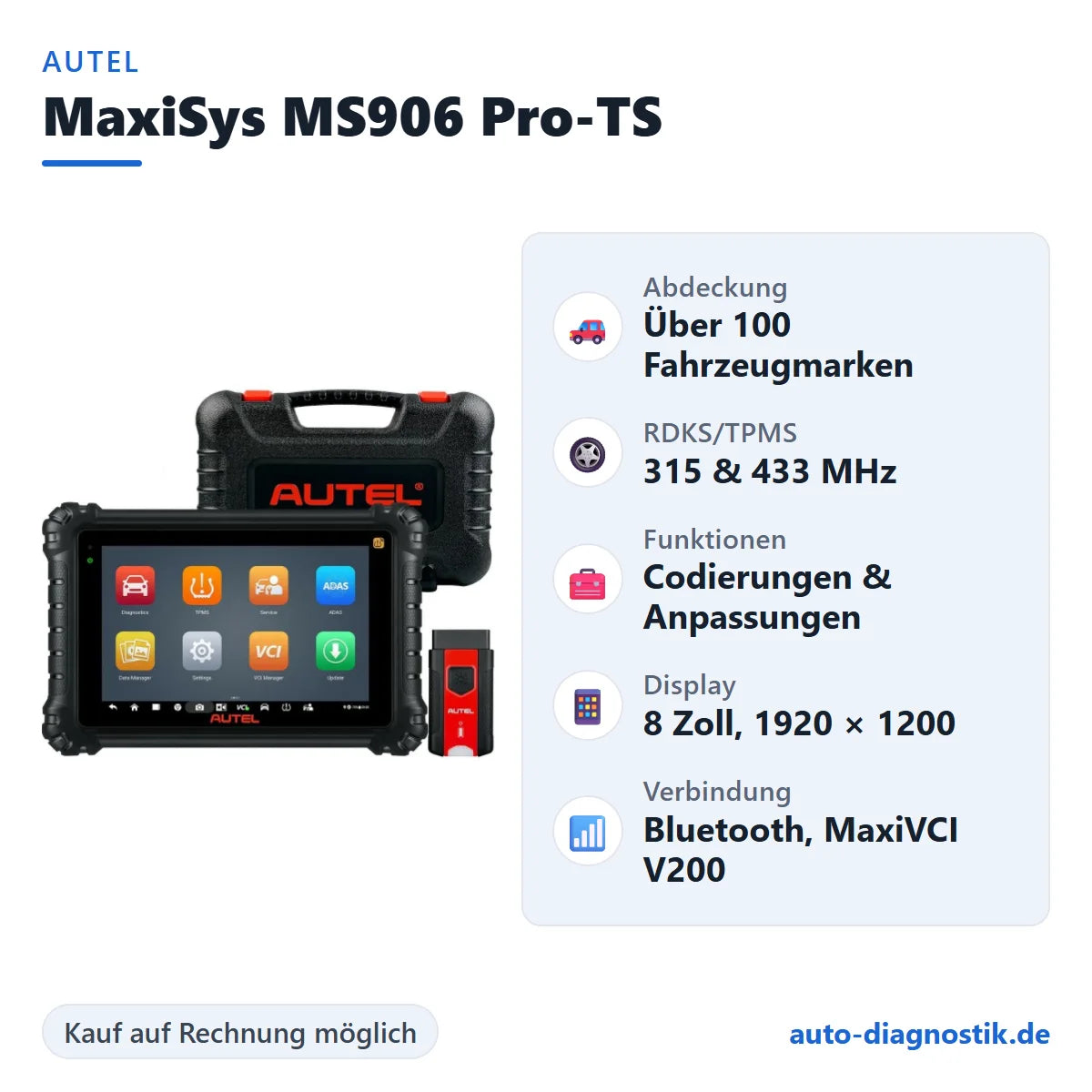 Autel MaxiSys MS906 Pro-TS mit Übersicht der wichtigsten Funktionen