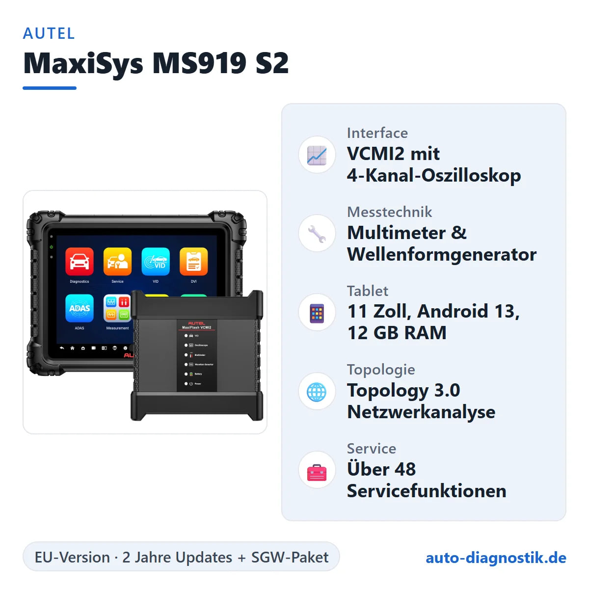 Autel MaxiSys MS919 S2 mit Übersicht der wichtigsten Funktionen