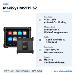 Autel MaxiSys MS919 S2 mit Übersicht der wichtigsten Funktionen