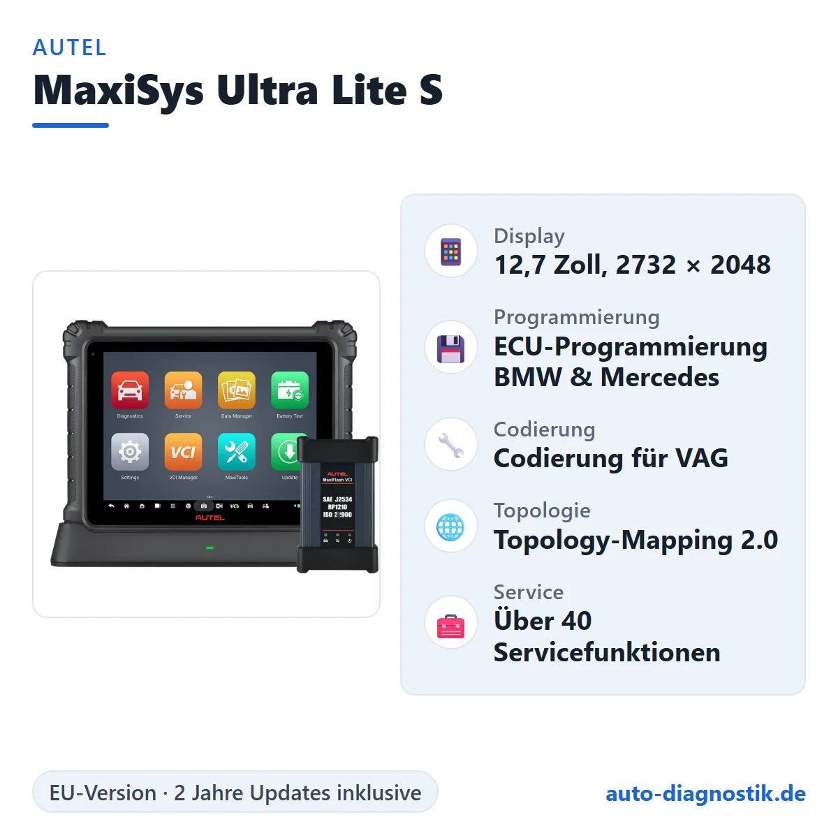 Autel MaxiSys Ultra Lite S mit Übersicht der wichtigsten Funktionen