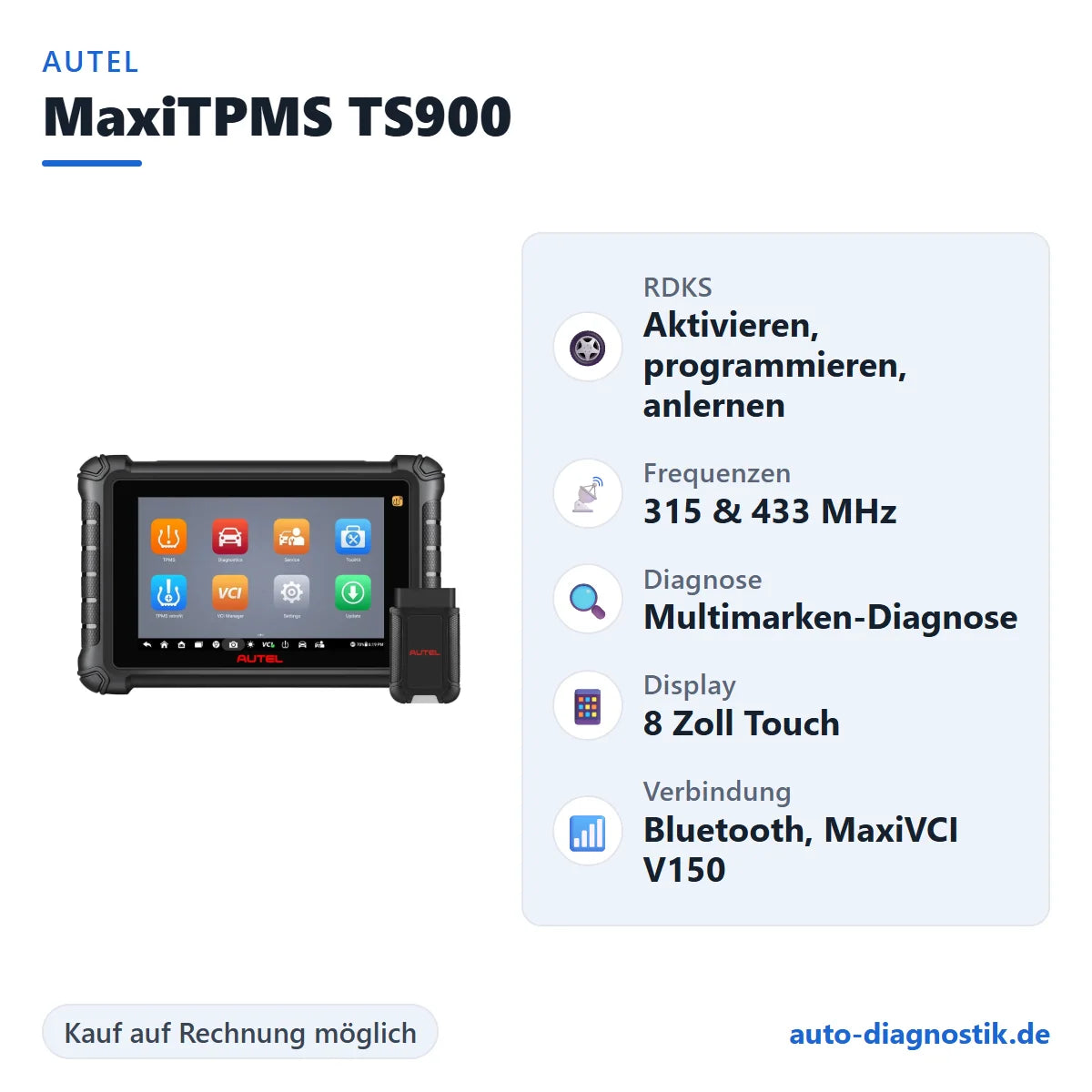 Autel MaxiTPMS TS900 mit Übersicht der wichtigsten Funktionen